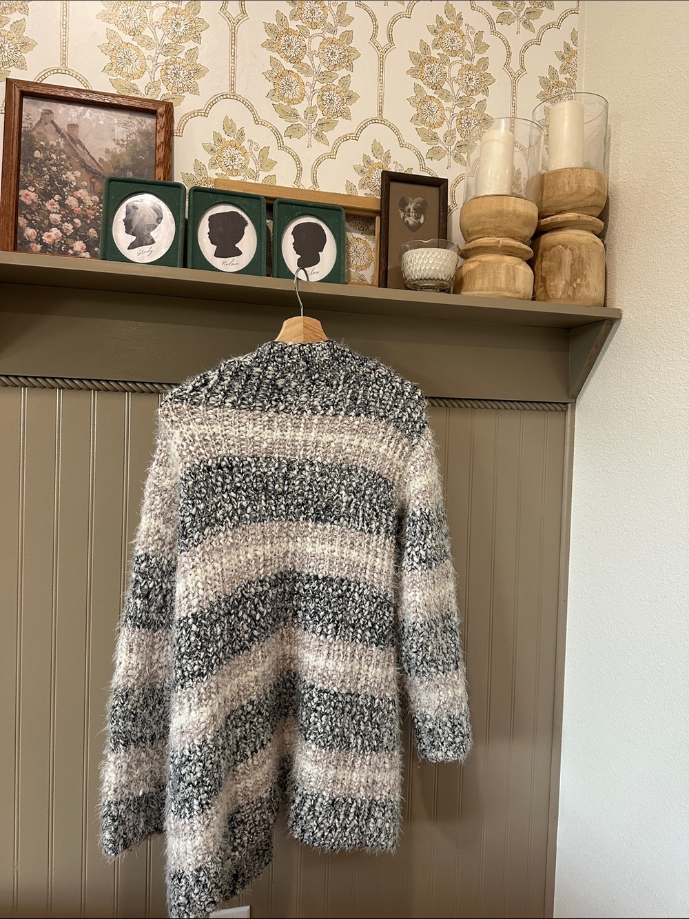 Maurices Striped Fuzzy Open Cardigan in Gray, Cream, Brown - Picture 4 of 4